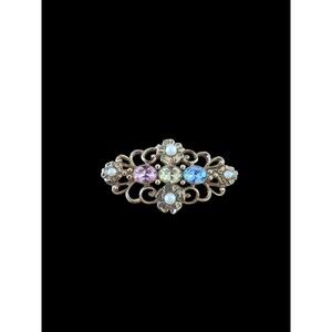 Vintage 1928 Brooch Pin Gold Tone Rhinestone Faux Pearl